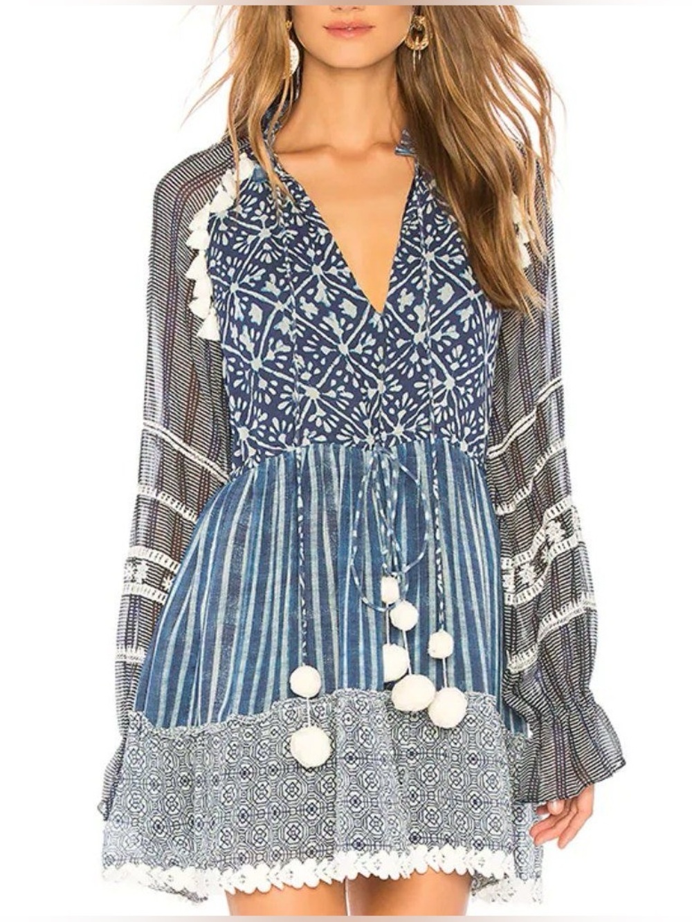 Hemant & Nandita Boho Tassel Mini Dress Blue & White Pom Pom Size XS